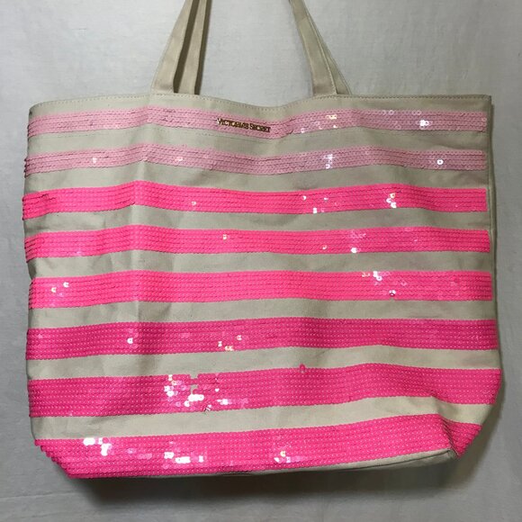 Victoria's Secret Pink & White Sequin Tote Bag 2016 Sparkly Bling Glam EUC Vacay - Picture 2 of 14